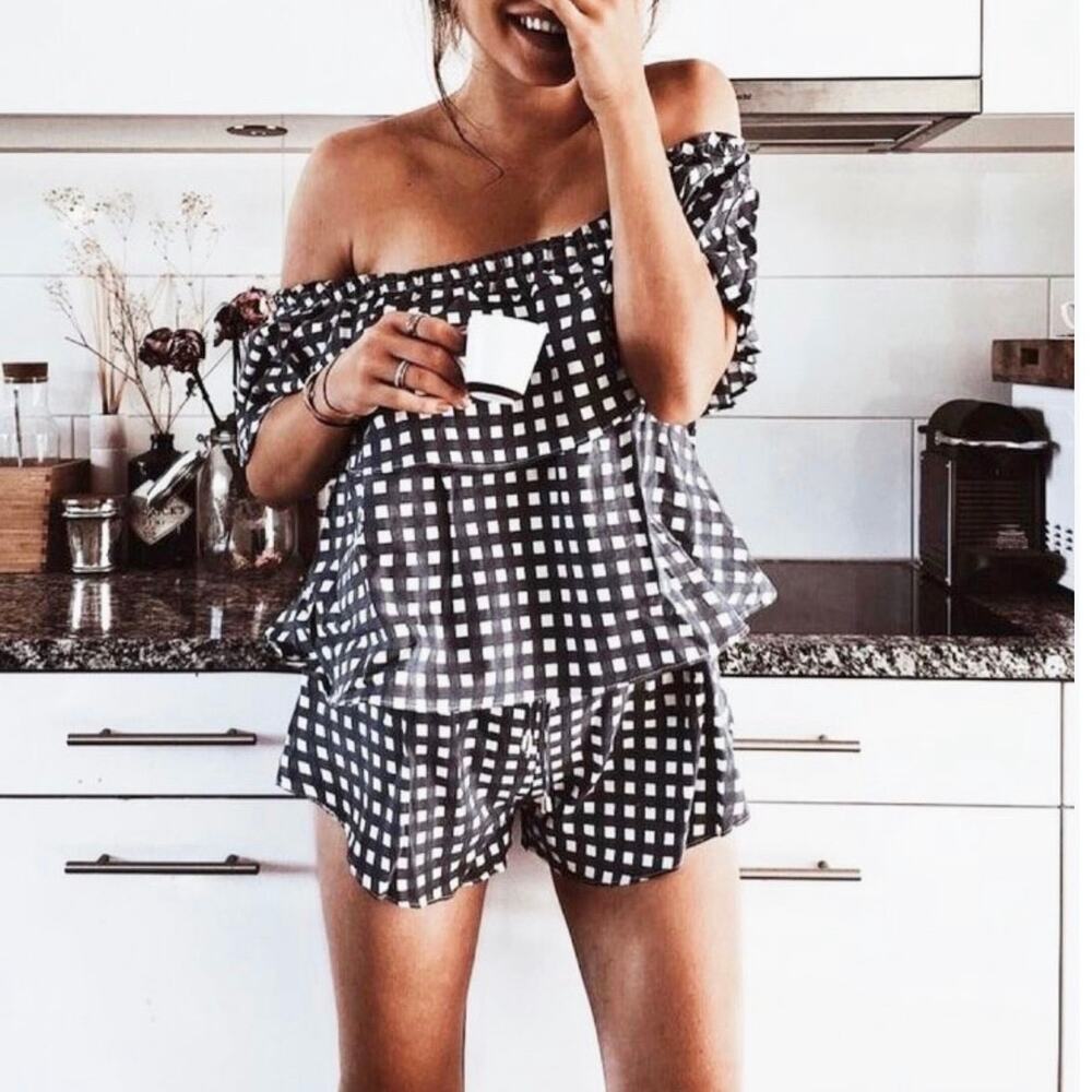 Sabo Skirt Navy & White Gingham Off-Shoulder Romper 100% Cotton